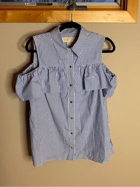 Michael Kors Sleeveless Blue Stripe Ruffle Cold-Shoulder Shirt